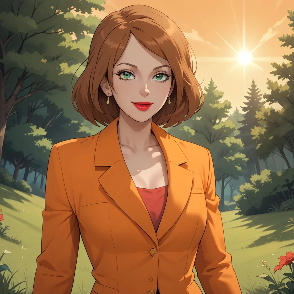 score_9, score_8, BREAK, light brown hair, green eyes, red lips, lipstick, earrings, orange suit, orange pants, orange slippers, breasts, Scarlet_(Sonic_X), sexy pose, self portrait, smile, outdoors, sunlight, shadows, evening lighting, natural lighting, forest, trees, grass, orange sky, sunset