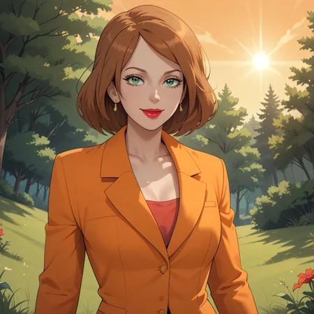 score_9, score_8, BREAK, light brown hair, green eyes, red lips, lipstick, earrings, orange suit, orange pants, orange slippers, breasts, Scarlet_(Sonic_X), sexy pose, self portrait, smile, outdoors, sunlight, shadows, evening lighting, natural lighting, forest, trees, grass, orange sky, sunset
