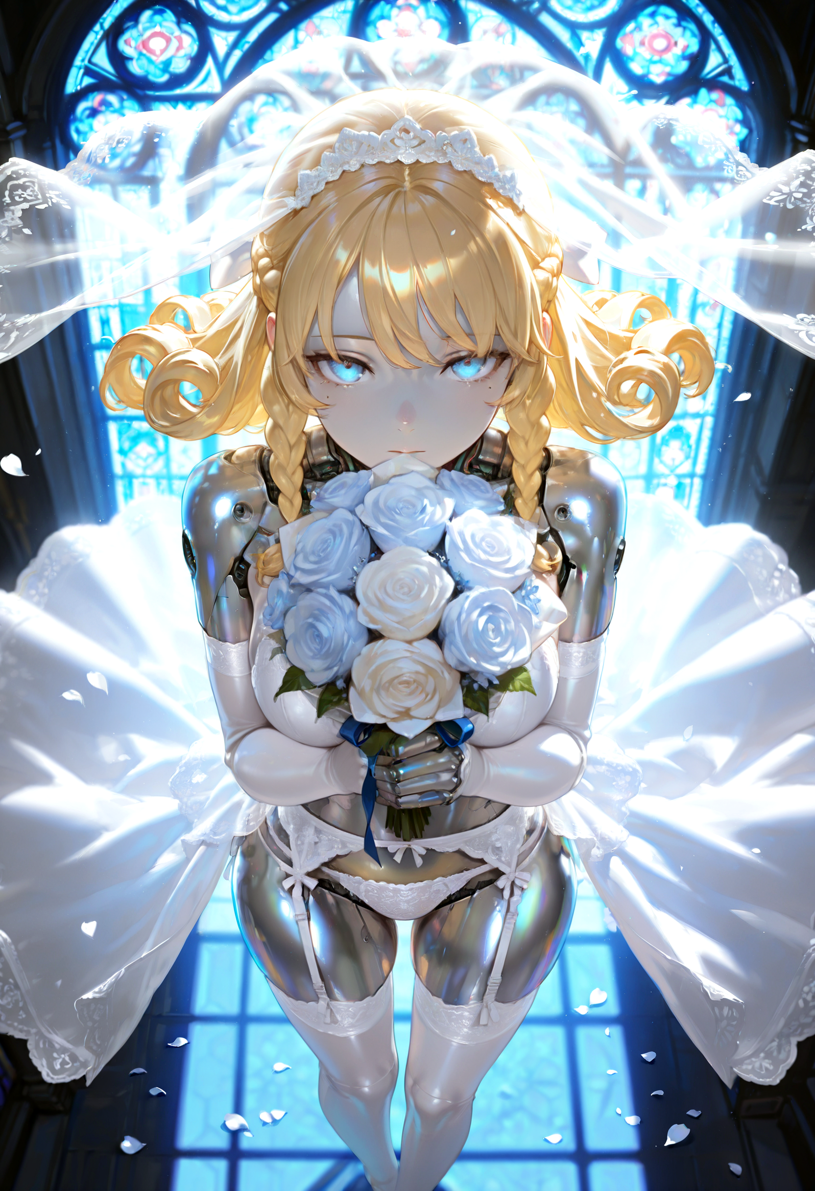 1girl, cyborg, blue eyes, blonde hair, curly hair, half updo, side braids, metal body, silver body, shiny skin, silver skin, joints, curvy figure, white bridal lingerie, bridal veil, white elbow gloves, lace panties, white thighhighs, garter belt, holding bouquet, looking at viewer, backlighting, rim light, dark room, cinematic, stained glass, petals, full-length portrait, from above, perspective, masterpiece, best quality, detailed, detailed background, detailed clothing, detailed hair, mole, wrinkles, skin folds, intricate, volumetric lighting, dramatic lighting, very awa, very aesthetic, dynamic,