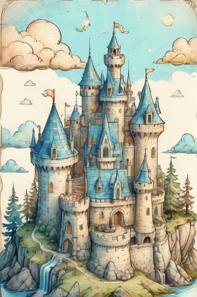 <lora:TQWhimsical Dreams:0.8>,  <lora:ParchartXL_CODA:0.4> on parchment,
blue sky, ((low isometric view)), Hand drawn illustration of a castle with detailed schematics of rooms and layout, detailed drawings cross section concept sheet sketch, cloud, cloudy sky, day, fantasy, mountain, no humans, outdoors, scenery, sky, sunset, tower