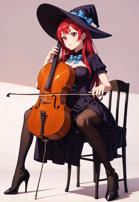 safe_pos, 1girl, red hair, long hair, red eyes, black witch hat, black short sleeve blouse, black short frill skirt, black pantyhose, high heels,
full body, stand, simple background, medium breasts, chair,
score_9, score_8_up, score_7_up,
(playing cello, cello,bow \(music\)), sitting,
<lora:cello-pony-000011:0.85>