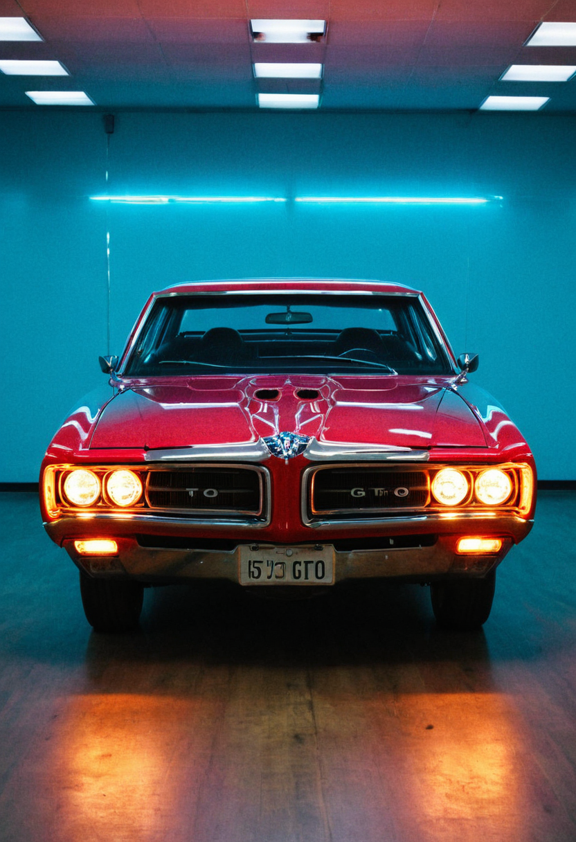 VintageMuscleCar gleaming Pontiac GTO indoors, symmetrical front view, bright headlights, neon lights, glass background, light reflections, 4K, highly detailed, (stylish grainy analog film photo 35mm vintage Kodachrome)