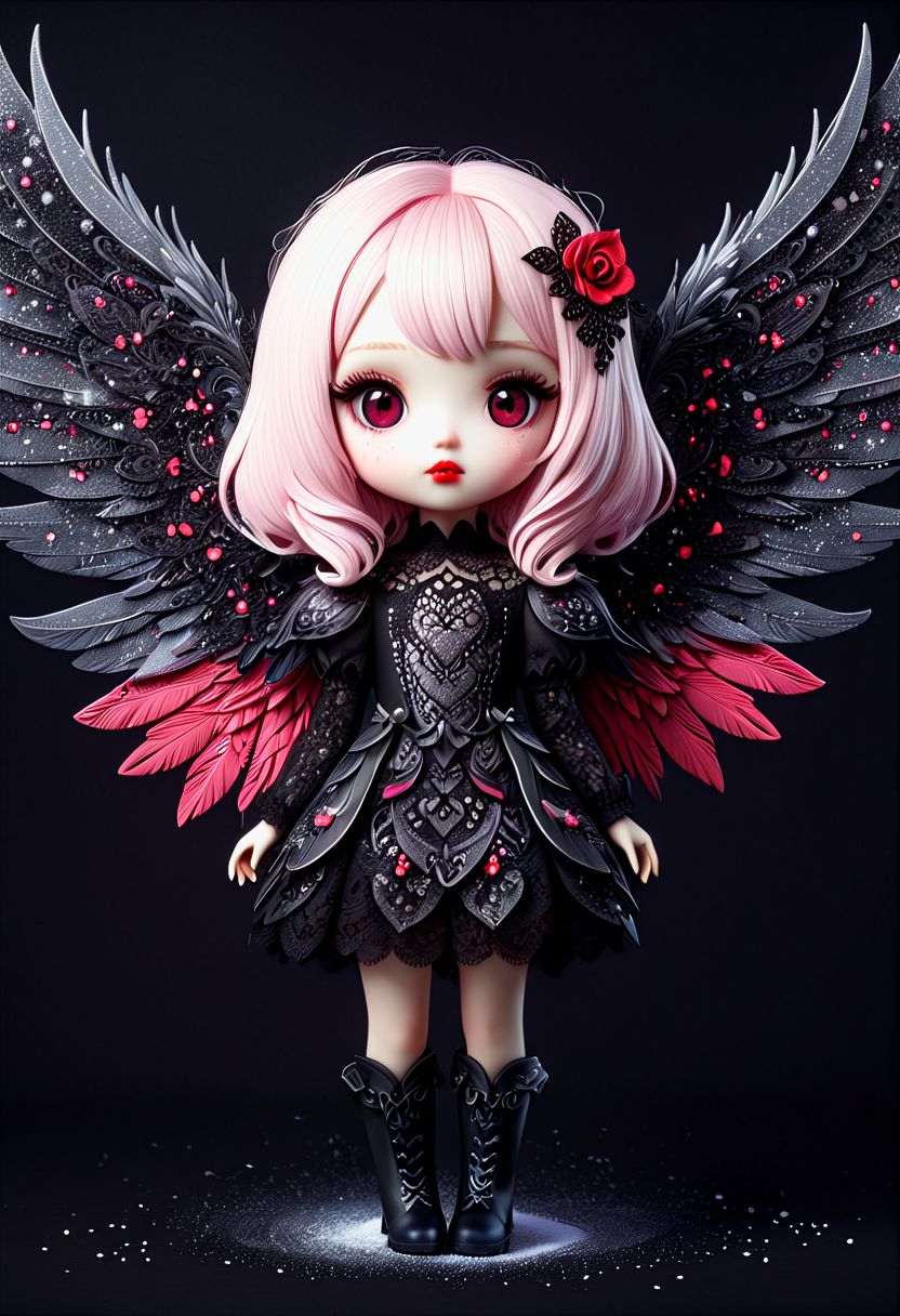 beautiful hyper detailed whimsical 35 k ultra realistic hyper detailed beautiful dark chibi fairy, hyper detailed perfecteyes, shadow woman red lips graphic, dark intricate wings on back, black lace dress, black boots, in the style of Charlie Bowater, nicoletta ceccoli , dark  Whimsical, Detailed Fantasy, black lace Background pattern with tiny  3d red and pink hearts, Glitter, White Thorns, Muted Colors, Explosion, Intricate Extremely Detailed, Hyperdetailed, style of monica lee, Hgonzag, Camilla d'Errico Diego Gisbert,Winter wonder land art art, Masterpiece, trending on artstation, featured on pixiv, cinematic composition, 8K