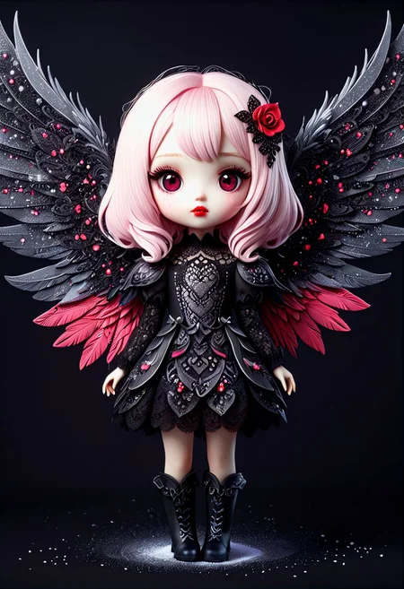 beautiful hyper detailed whimsical 35 k ultra realistic hyper detailed beautiful dark chibi fairy, hyper detailed perfecteyes, shadow woman red lips graphic, dark intricate wings on back, black lace dress, black boots, in the style of Charlie Bowater, nicoletta ceccoli , dark Whimsical, Detailed Fantasy, black lace Background pattern with tiny 3d red and pink hearts, Glitter, White Thorns, Muted Colors, Explosion, Intricate Extremely Detailed, Hyperdetailed, style of monica lee, Hgonzag, Camilla d'Errico Diego Gisbert,Winter wonder land art art, Masterpiece, trending on artstation, featured on pixiv, cinematic composition, 8K