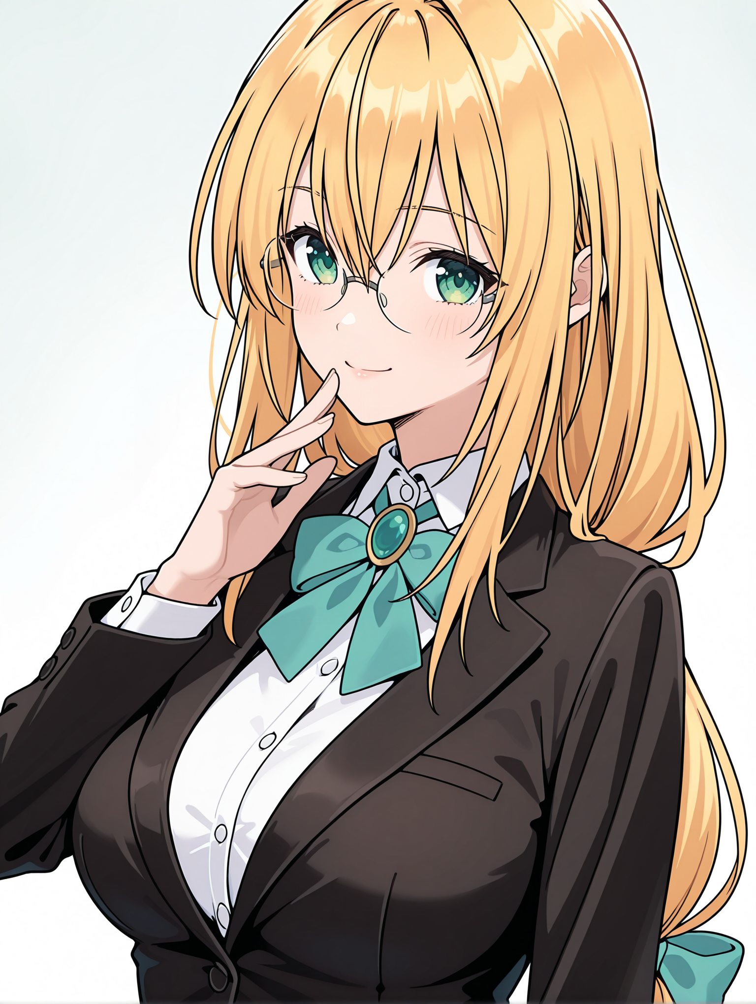 masterpiece,best quality,newest,
1girl,solo,
<lora:Tearju_ilxl_v1.1:1>,Tearju,blonde hair,green eyes,low-tied long hair,blue hair bow,t_glasses,rimless glasses,t_clothes,white collared shirt,black jacket,
<lora:Fixhands_anime_bdsqlsz_V1:1>,light_blush,looking_at_viewer,white_background,simple_background,smile,face_focus,standing,upper_body,hand to own mouth,portrait,<lora:T_nari_ilxl_v3:1>,t_n,