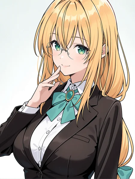 masterpiece,best quality,newest,
1girl,solo,
<lora:Tearju_ilxl_v1.1:1>,Tearju,blonde hair,green eyes,low-tied long hair,blue hair bow,t_glasses,rimless glasses,t_clothes,white collared shirt,black jacket,
<lora:Fixhands_anime_bdsqlsz_V1:1>,light_blush,looking_at_viewer,white_background,simple_background,smile,face_focus,standing,upper_body,hand to own mouth,portrait,<lora:T_nari_ilxl_v3:1>,t_n,