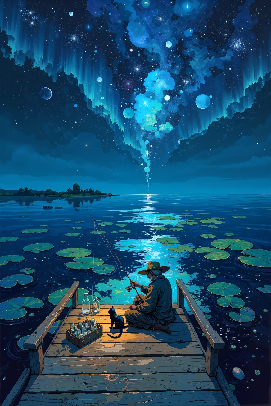 On a wooden dock that stretches into an endless expanse of shimmering, star-filled liquid, an old man in a wide-brimmed hat sits patiently, holding a fishing rod with an impossibly thin, silver thread. The âwaterâ is not water at allâit is the night sky itself, a vast pool of slowly swirling galaxies and celestial bodies that drift lazily below the wooden planks. Tiny planets bob on the surface like lily pads, their miniature atmospheres glowing softly with distant lightning storms. As the old man reels in his line, a cluster of tiny meteorites break the surface, sending ripples of constellations spiraling outward. His tackle box beside him is filled with glass vials, each containing bottled nebulae and tiny supernovas that pulse with quiet, contained explosions. A small cat made of pure shadow sits at his feet, gazing into the abyss with luminous, crescent-moon eyes. Overhead, the aurora borealis flickers like the reflection of some unseen bonfire, shifting hues in silent conversation with the lake below. The dock itself never seems to end, stretching infinitely into the horizon where the cosmos and water blur into one. , detailed background Fantastic lighting. Detailed shadows.intricate details, vivid colors, hyper-detailed, ultra-sharp, , DB4RZ, DB4RZ style painting, NeoPigma, in the style of cksc, anime, cyberpunk, a masterpiece, award winning,<lora:CPA:0.5><lora:FLUX-daubrez-DB4RZ:0.3><lora:NeoPigmaV3:0.35><lora:ck-shadow-circuit-000021:0.35>