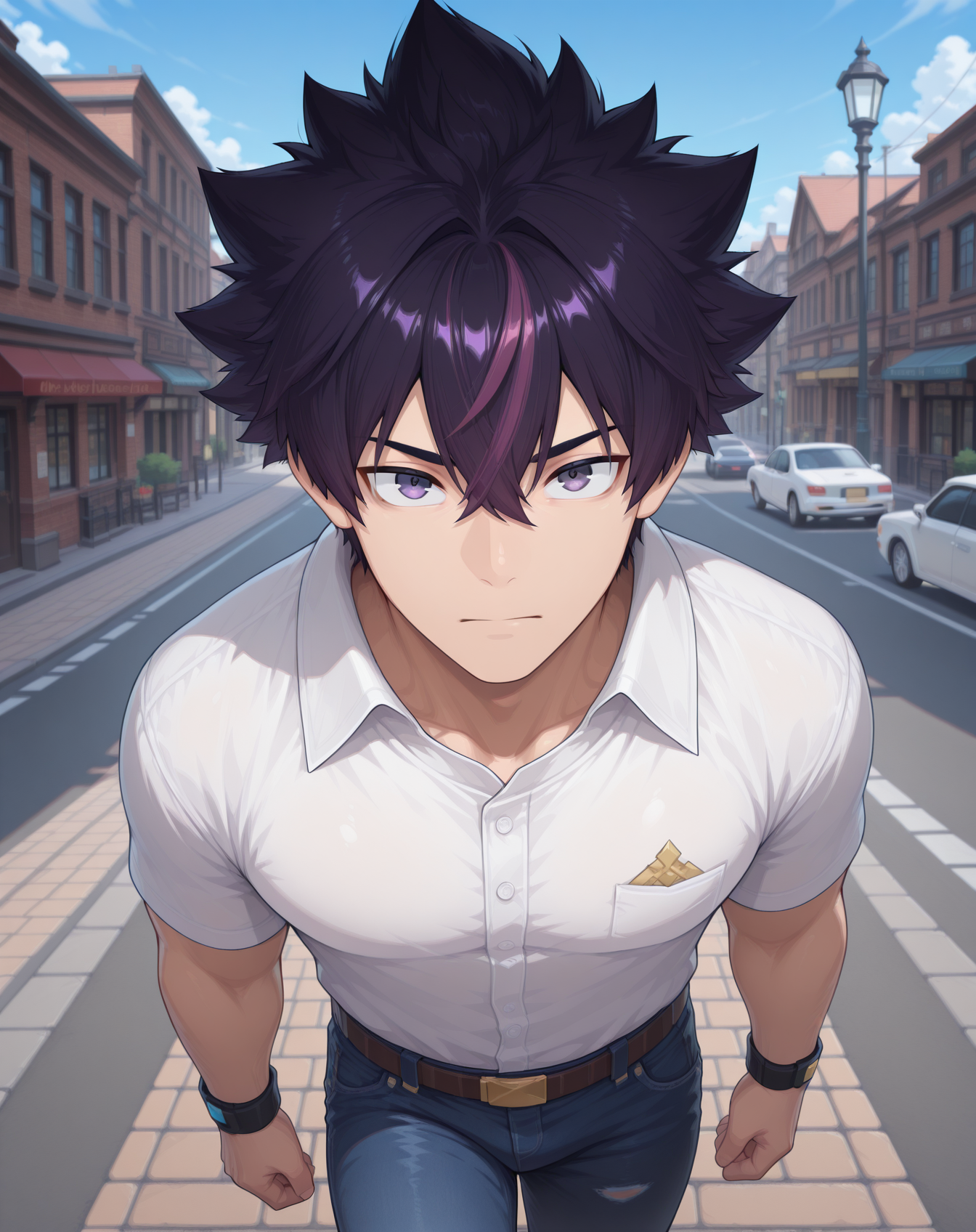 masterpiece,best quality,amazing quality, newest, very aesthetic, absurdres,
1boy, solo, yaoi, male focus, looking at viewer, cowboy shot, standing,
<lora:Sieghart_Old_Limit_Break_ilxl:1> siegolb, spiked hair, black hair, greyeyes, short hair, purple hair, multicolored hair, hair between eyes,
white shirt, jeans, sneakers,
outdoors, day, blue sky, building, street, road, lamppost, car,