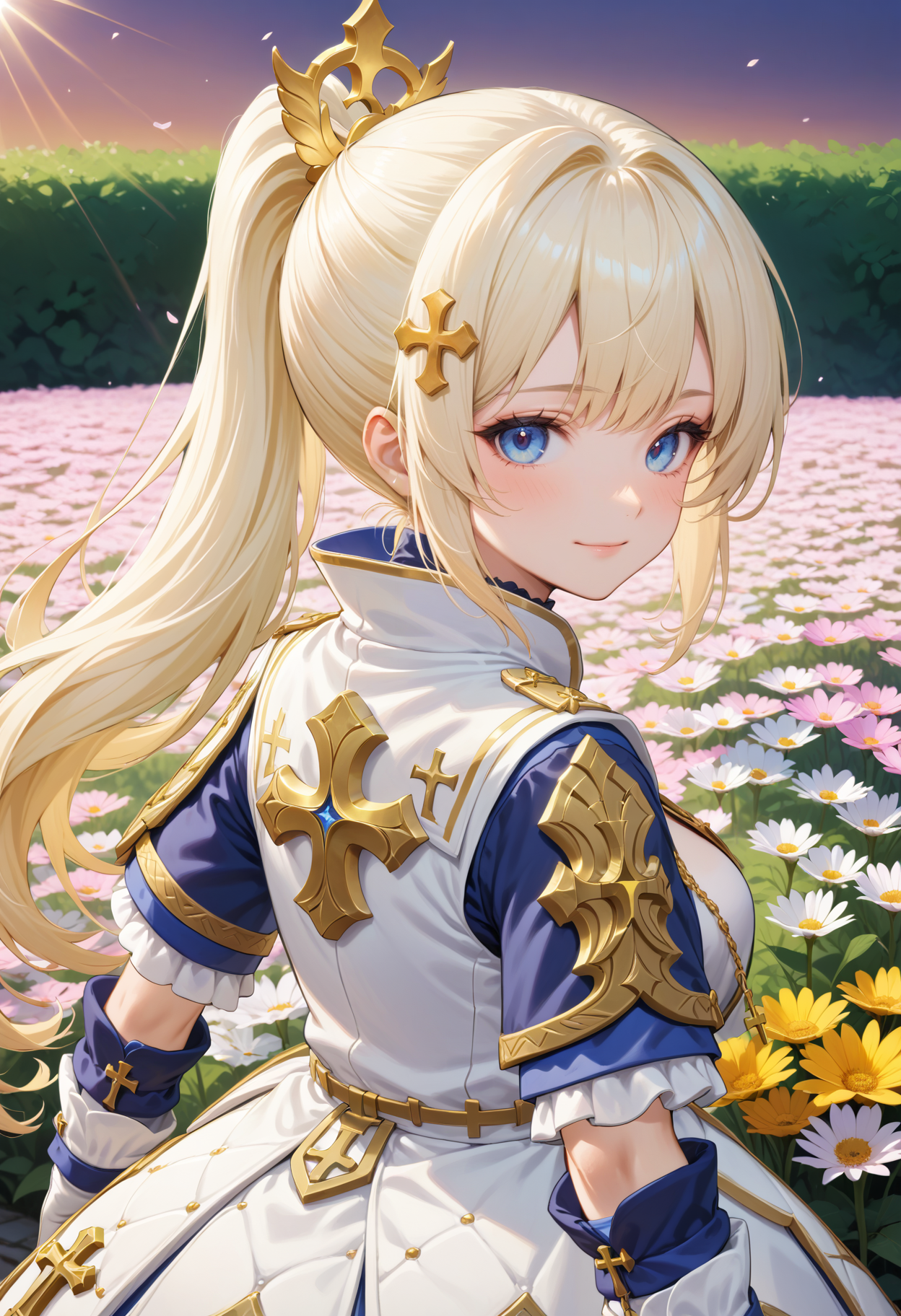 masterpiece, best quality, very aesthetic, absurdres, rom_saint_xl,
1girl, blonde hair, ponytail, hair ornament, blue eyes, light smile,
close-up, from behind, looking back, looking at viewer, blue short sleeves with gold cross, outdoors, flower field, sunrise, falling petals, light rays, tyndall effect, vivid colors, tranquil and magical atmosphere,
shiny skin, beautiful face, beautiful eyes, extreme detailed, official art, professional illustration, hires,
<lora:rom_saint_pony_xl:1>, <lora:aesthetic_anime_v1s:0.5>, <lora:add_details_xl:0.5>