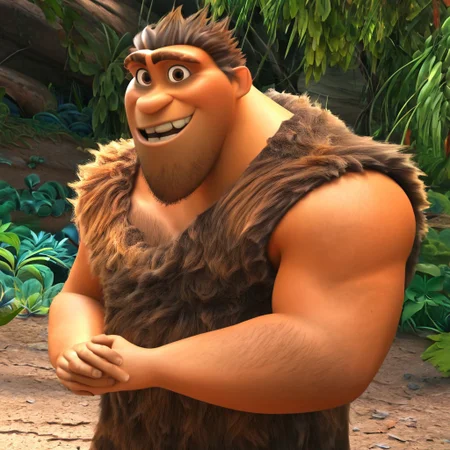 Grug, 1boy, short hair, facial hair, bara, musuclar, thick eyebrows, chest hair, brown hair, stubble, pectorals, brown eyes, arm hair, leg hair, sleeveless, tattered tunic, furry top, brown fur, caveman, broad shoulders, forest, smile, solo, muscular, wide shoulders, 4k, hi res, five fingers, detailed hands, ((detailed face, (detailed eyes:1.0), detailed)), large build, crooked teeth,