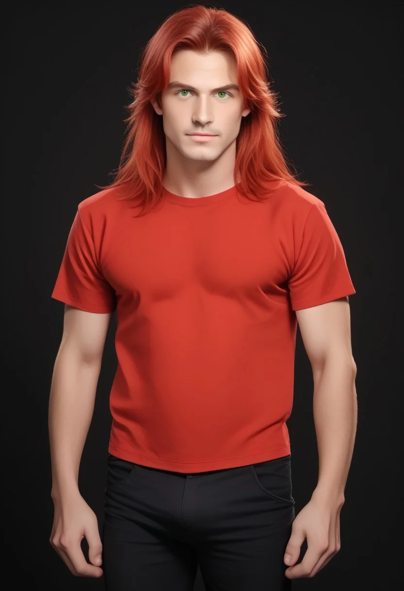 solo, long hair, looking at viewer, simple background, red hair, shirt, 1boy, green eyes, male focus, pants, black background, red shirt, , ,realistic BREAK PonyXLV6_Scores