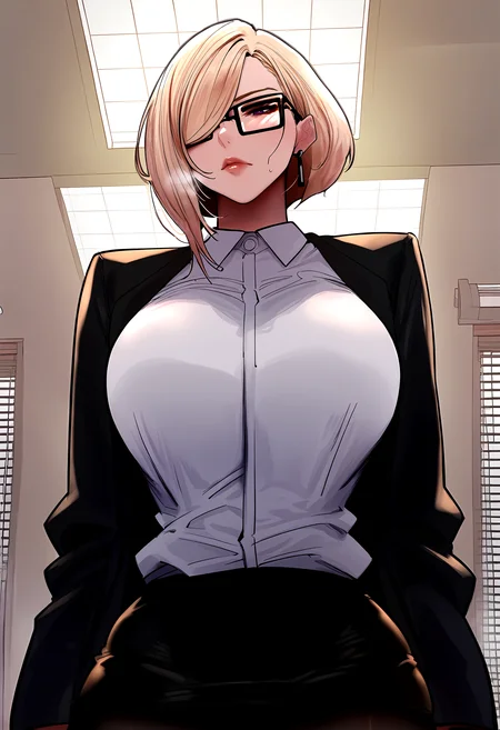 score_9, score_8_up, score_7_up, score_6_up, source_anime, rating_explicit, <lora:neg4all_bdsqlsz_V3.5:2.0>1girl, (solo:1.1), huge breasts, <lora:Kang Annaponyxl:1> blonde hair, short hair, hair over one eye, purple eyes, glasses, black-framed eyewear, earrings, black jacket, collared shirt, white shirt, long sleeves, black skirt, pencil skirt, black pantyhose, expressionless, Narrow shoulders, heavy breathing, steaming body, office room, indoors, looking at viewer,