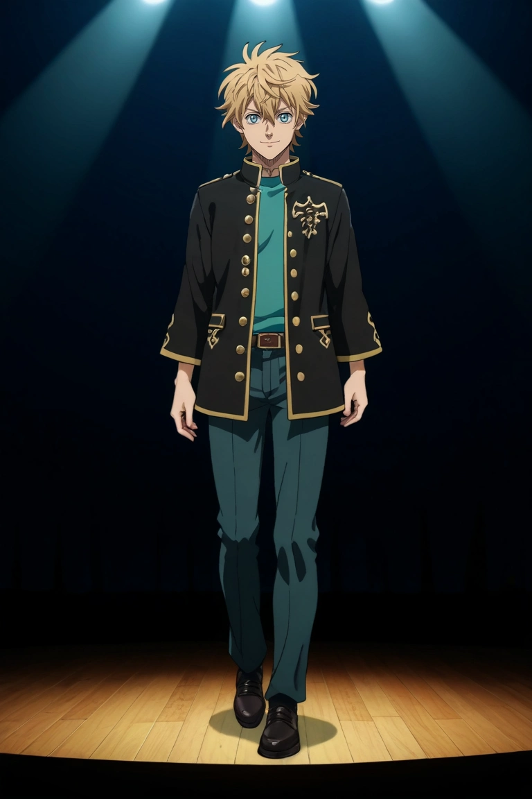 score_9, score_8_up, score_7_up, source_anime, rating_safe, intricate details, anime screencap, anime coloring, , looking at viewer, , 1boy, solo, male focus, <lora:luck_voltia_pony:0.98>, luck_voltia, blonde hair, blue eyes, short hair, hair between eyes, full body, concert, midnight, knees together feet apart, light smile, , <lora:sdxl_lightning_8step_lora:1>