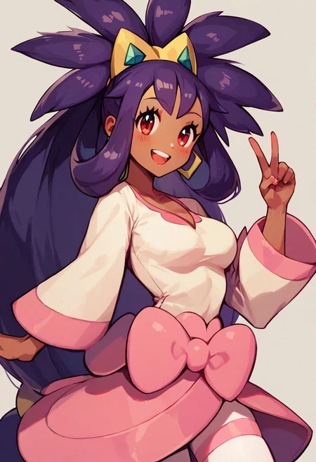 score_9, score_8_up, score_8, medium breasts, (curvy), cute, eyelashes,
iris \(pokemon\), purple hair, long hair, red eyes, dark skin, big hair,
hair ornament, white leggings, long sleeves, miniskirt, pink skirt, v, smile, blush,
upper body, detailed eyes,