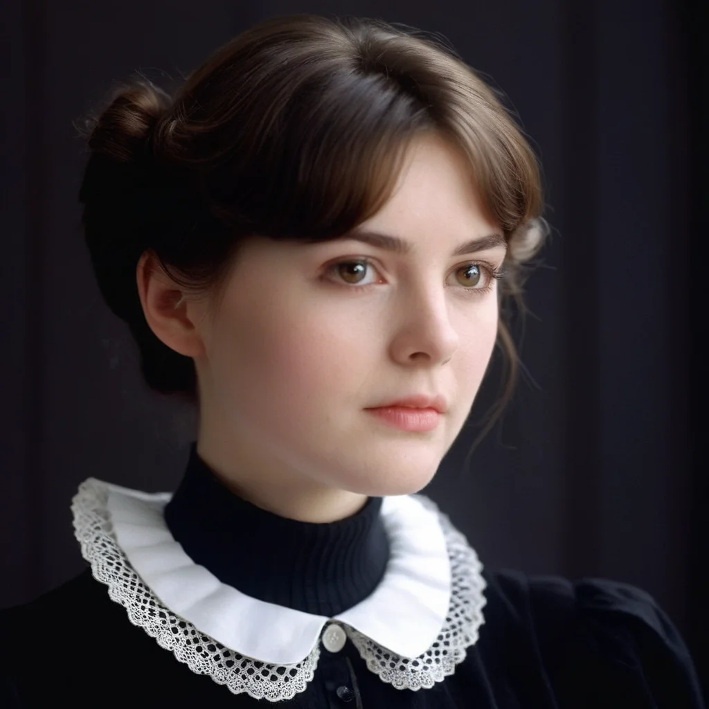 cinematic film still of  <lora:Film Stock Footage Style:1>
Cinematic Closeup of a young Victorian ruffled collar innocent looking young woman with a white collar and a black background and short brown hair staring at camera with a sexy look on her face Kodak Vision3 500T Film Stock Footage Style, shallow depth of field, vignette, highly detailed, high budget, bokeh, cinemascope, moody, epic, gorgeous, film grain, grainy