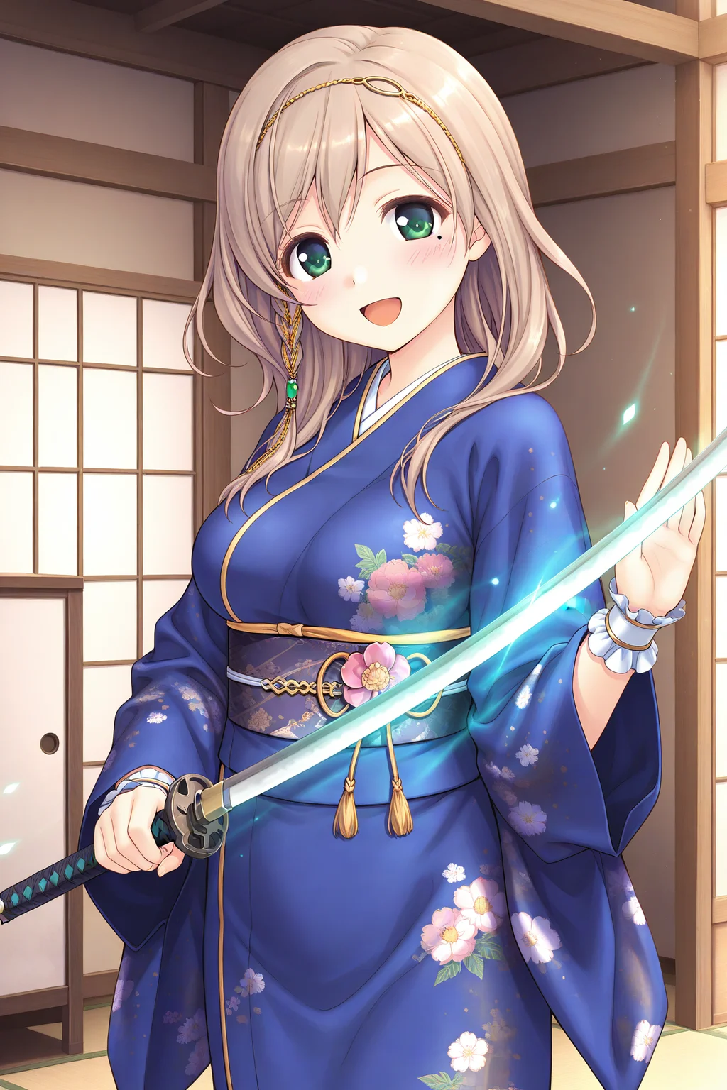 masterpiece, best quality, absurdres, official art, official style, rating general BREAK <lora:sarashinamutsumi_IL_v1-1:0.7>, sarashina mutsumi, 1girl, solo, green eyes, mole under eye, light brown hair, long hair, single braid, side braid, hair between eyes, swept bangs, head chain, gold trim, hair tubes, green gem, hair over shoulder, large breasts, medium breasts, japanese clothes, blue kimono, short kimono, print kimono, floral print, long sleeves, wrist cuffs, wide sleeves, sash, obi, pink flower, waist flower, pink flower ornament, tassel, open mouth, :d, blush, standing, cowboy shot, looking at viewer, katana, holding sword, glowing sword, energy sword, unsheathed, shiny hair