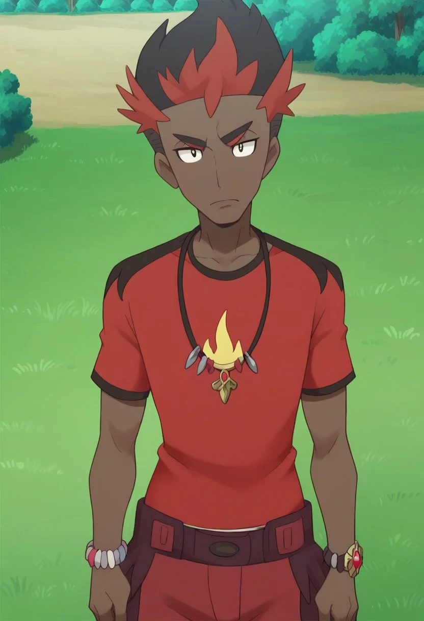 score_9, score_8_up, score_7_up, source_anime, highly detailed,
kiawe, 1boy, male focus, red shorts, solo, dark-skinned male, dark skin, jewelry,
upper body, multicolored hair, shorts, closed mouth, black hair,
two-tone hair, necklace, standing, red hair, looking at viewer, frown,
bracelet, t-shirt, printed shirt, flame print,
outdoor, grass, trees, day,
