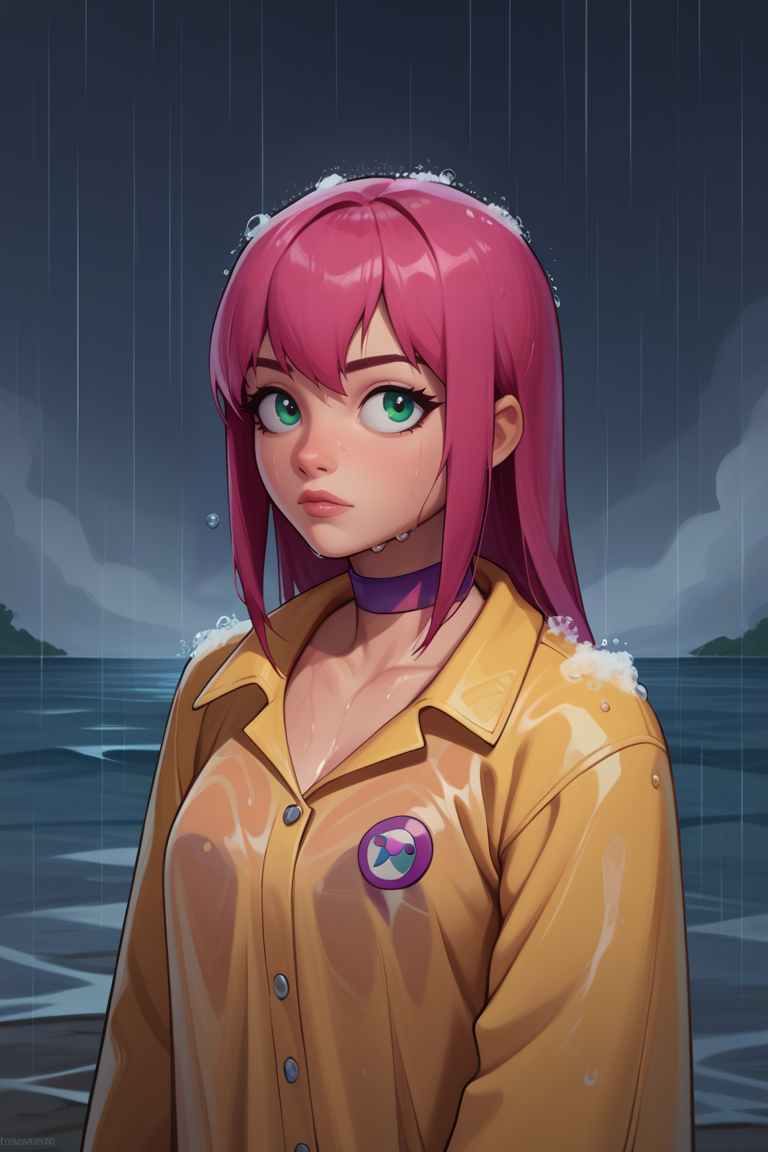 score_9, score_8_up, score_7_up, BREAK,1girl, solo, <lora:princessrobotbubblegum-guy-PONYv1:.9>. DEFprincessrobotbubblegum, choker, raincoat, rain, water drop, wet hair,