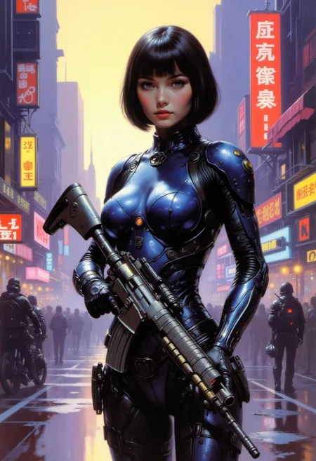 Frank Frazetta fantasy oil painting, japanese female sci-fi marine with bob cut hair, detaileddark blue power armour with gold detailing, holding assault rifle with both hands, on cyberpunk street at dawn, neon signs and advertising screens, directional lighting, dutch angle