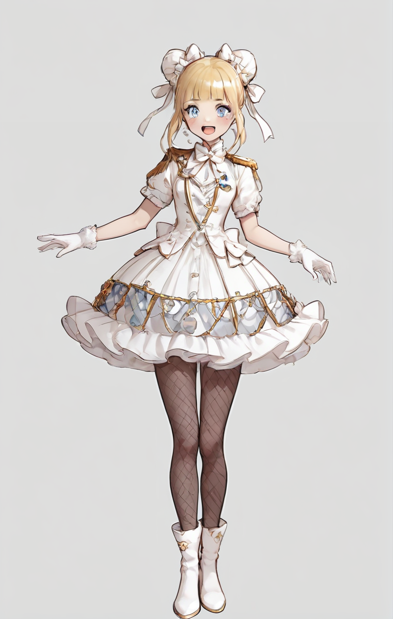 score_9, score_8_up, score_7_up, score_6_up, score_5_up, score_4_up,
 <lora:OverDesignedGirls:.7>
1girl, bangs, blonde hair, blunt bangs, boots, bow, double bun, dress, epaulettes, fishnet legwear, fishnets, full body, gloves, open mouth, pantyhose, short sleeves, showgirl skirt, solo, standing, striped, white bow, white footwear, white gloves