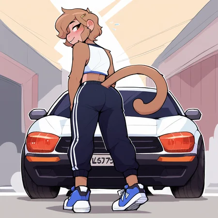 score_9_up, score_8_up, score_7_up, score_6_up, furry female, by remanedur, monkey, monika lee, female, furry, short hair, brown eyes, brown hair, brown body, monkey tail, looking at viewer, crop top, race car, car, athletic, sweatpants, sportswear, hairclip, sneakers, solo, standing, head tilt, rear view, butt, blush, looking back, teasing, low-angle view, <lora:Leah_Pines(AIM)_XL_v1:0.75>, <lora:PDXL_artist_tags_v2_big:0.8> <lora:The-Minuscule-Task_PDXL_v1.0:0.8> <lora:Monika_Lee_427deer:0.75>