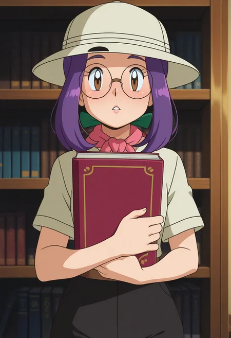 pokemon \(classic anime\), anime screencap, best quality, masterpiece, amazing quality, very aesthetic, absurdres, 1girl, solo, trainerjamie, (pink lips:0.5), jamieoutfit, round glasses, pith helmet, holding a book, looking at viewer, parted lips, indoors, bookshelves