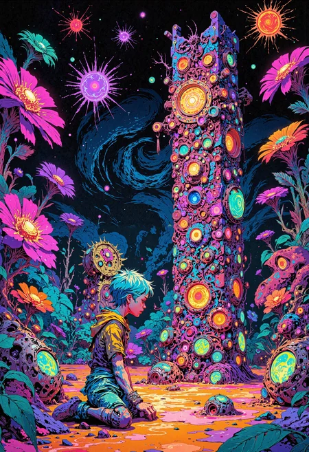 masterpiece, high-quality, psychedelic folk art, A whimsical shaman with short, aqua-teal hair performs a midnight ritual beneath a giant totem carved from glowing gemstones. The camera captures a wide, fantastical landscape of swirling patternsâoversized flowers with prismatic petals, shimmering spirit animals dancing in the corner of vision, and a sky illuminated by fractal starbursts. Thick outlines and neon outlines exude a festival-like vibrancy, while swirling vines form intricate knots across the hyperdetailed ground. The entire painting radiates joyful, dreamlike energy, as if each shape and color hums with an otherworldly melody, <lora:FLUX\FLUX-daubrez-DB4RZ:0.3> <lora:FLUX\ArcaneFGTNR:0.5> <lora:FLUX\VividlySurrealApex:0.6> <lora:FLUX\Anime v1.3:0.5>