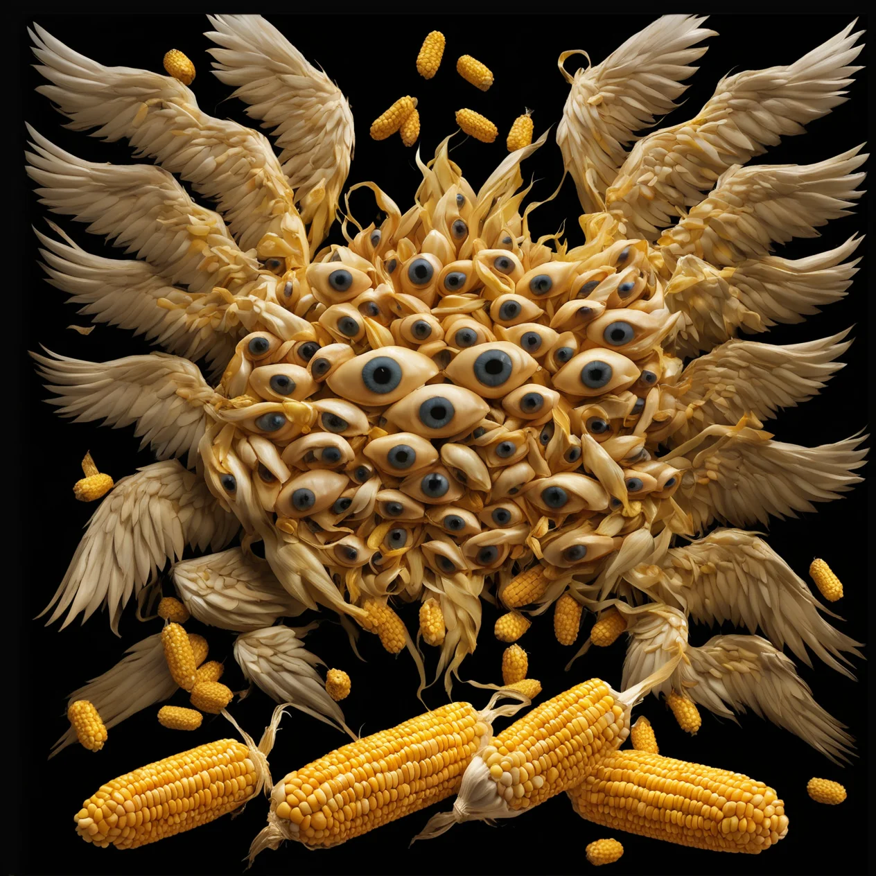 <lora:biblical_angels:1>photographic realism,biblicalangellora, integrated,wings, many eyes, rings,chicken wings and things, dark background,<lora:CornKernelStyle:0.6>corncobs,corn kernels