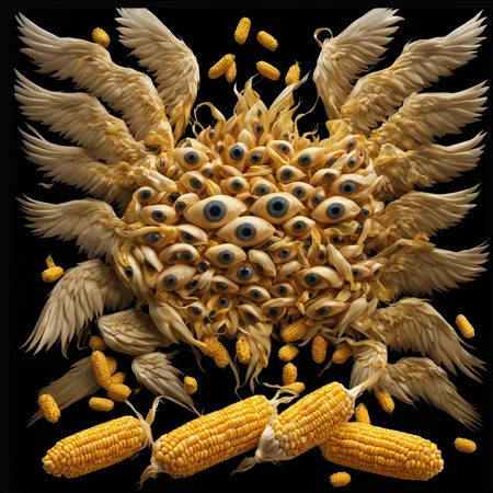 <lora:biblical_angels:1>photographic realism,biblicalangellora, integrated,wings, many eyes, rings,chicken wings and things, dark background,<lora:CornKernelStyle:0.6>corncobs,corn kernels