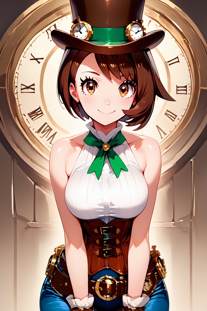 score_9, score_8_up, score_8, medium breasts, (curvy), cute, eyelashes,       ,,, ,  zzGloriaSPCitron, brown eyes, brown hair, short hair, top hat, steampunk, clock on belt, corset, bare shoulders, big gloves, tight blue jeans, white halterneck, green ribbon,   <lora:GloriaSteampunkPDXL:1>, , BREAK, looking at viewer, ,,, smile, upper body, leaning forward, head tilt, ,,, embedding:zPDXL, Expressiveh, ,,, <lora:theButcherXPDXL:0.8>, <lora:CatalystStylePDXL:0.6>, <lora:SDXLFaeTastic2400:0.5>, <lora:Expressive_H-000001:0.4>,