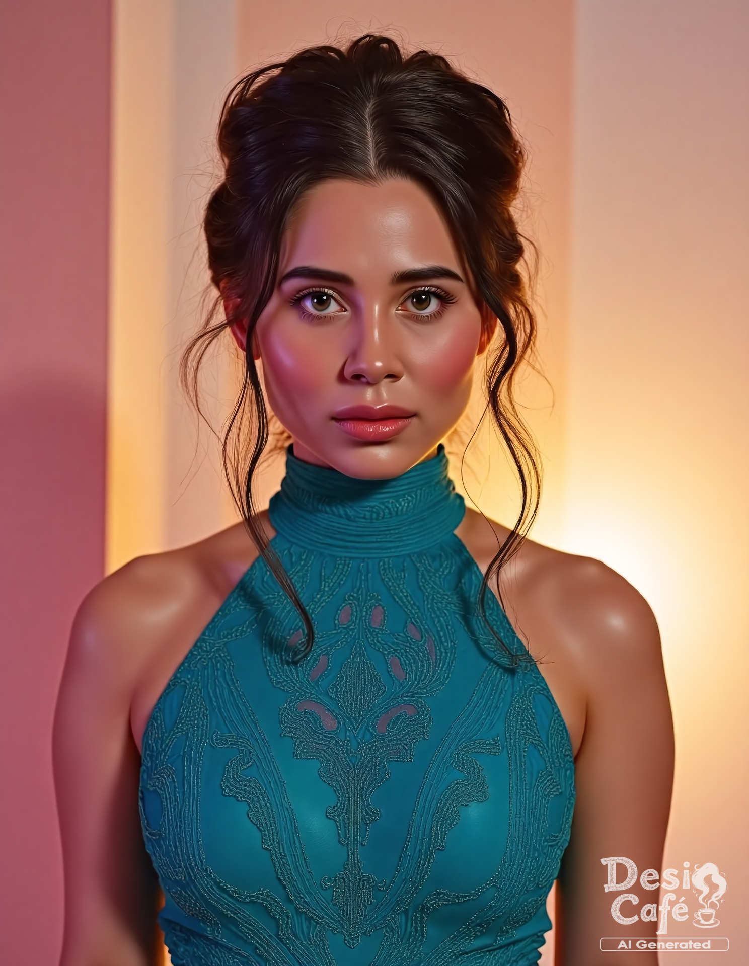 instagram photo of z4hr4h kh4n woman, hyper realistic photo that is safe for work, angry, studio quality image with natural colors, well dressed wearing intricate sleeveless Cyan high necked evening gown, hair styled as  french plait,muted pastel shaded multicolored background that contrasts with the person, cinematic lighting,âââââ âââ <lora:z4hr4h_kh4n_Zahrah_Khan_Flux_Kohya_V1:1>âââ