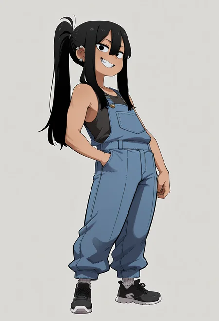masterpiece, best quality, amazing quality, smile, hair between eyes, grey background, tank top, denim, dark-skinned male, grin, NWStyle,  standing, teeth, 1boy, black eyes, white socks, hand in pocket, shoes, sneakers, black hair, long hair, ponytail, black footwear, sidelocks, blue overalls,  male focus, simple background, ear piercing, full body, NWLLSon, child<lora:IllustriousNWStyleV1:0.8>
