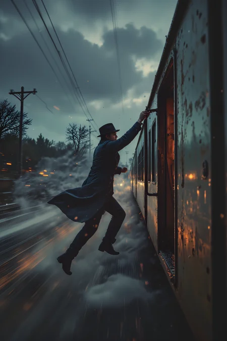 close-up of a detective hanging off the side of a speeding train, his hand gripping a rusted metal ladder as wind and rain whip around him. His face is strained with effort, eyes locked on a figure inside the train car. The background is a blur of motion, with passing trees and power lines barely visible in the stormy night. Realistic raindrops cling to his skin and coat, while the texture of the trainâs metal surface is worn and grimy. His trench coat flutters violently in the wind, while one foot scrambles for a foothold on the narrow ledge. The distant glow of city lights looms on the horizon, adding to the sceneâs high-speed tension and action. , detailed background Fantastic lighting. Detailed shadows.intricate details, vivid colors, hyper-detailed, ultra-sharp, High resolution, high detail. Highly detailed. <lora:OBæç«å¾äººåæå½±Instant camera portrait photography V2.0:1.0>, <lora:Dark side of light:0.55>, <lora:aidmaFLUXPro1.1-FLUX-v0.3:1.0>, <lora:Glitchcore_Flux:0.8>,