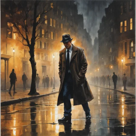 Charcoal and paint, impressionistic bidimensional biracial detective, crouched by a puddle, inspecting a crime scene.  watercolor (leonid afremov:1.2) dadaistic collage (by Bill Sienkiewicz:1.5), dynamic contrasts, spotlight effect, alcohol and gold leaf highlights. Very detailed.