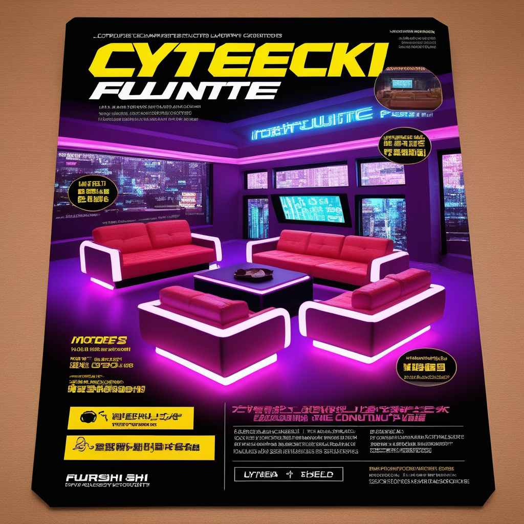 A photorealistic image of a Cyberpunk-themed furniture advertisement flyer, featuring futuristic and high-tech furniture items such as neon-lit sofas, augmented reality coffee tables, and holographic room dividers. The layout should be sleek and modern, incorporating elements of Cyberpunk aesthetics like neon colors, glitch effects, and cybernetic patterns. The flyer should include catchy headlines like 'Furnish the Future' or 'Step into Tomorrow's Comfort Today.' Product descriptions should be visible, highlighting the futuristic features of each furniture item. The background should have a Cyberpunk cityscape, perhaps with towering skyscrapers and flying cars, to set the mood,<lora:yakibaba2:0.55>