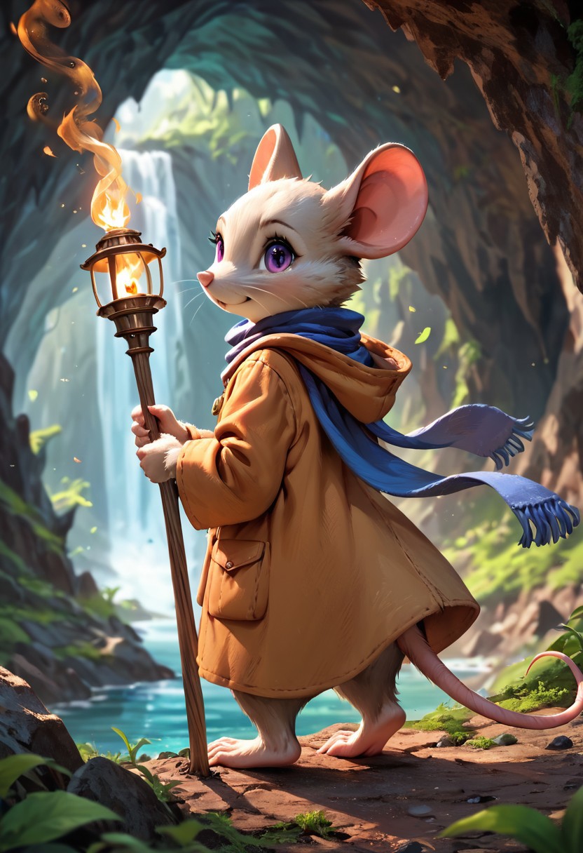 score_9, score_8_up, score_7_up, masterpiece, line art, portrait, anime, detailed, <lora:Expressive_H:0.45> Expressiveh, extremely detailed, zPDXL2, detailed background, concept art, realistic, solo, anthro mouse girl, (tiny:1), bald, fur, fluff, cute, dark, purple eyes, hooded, blue scarf, scarf flowing in wind, back to viewer, cave background, expansive cavern, underground river in background, in front of a dark cave, coat, tunic, holding torch, (brown fur), bottomless, barefoot, night, g0thicPXL, from side