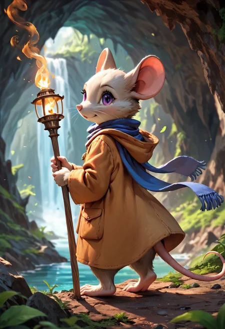 score_9, score_8_up, score_7_up, masterpiece, line art, portrait, anime, detailed, <lora:Expressive_H:0.45> Expressiveh, extremely detailed, zPDXL2, detailed background, concept art, realistic, solo, anthro mouse girl, (tiny:1), bald, fur, fluff, cute, dark, purple eyes, hooded, blue scarf, scarf flowing in wind, back to viewer, cave background, expansive cavern, underground river in background, in front of a dark cave, coat, tunic, holding torch, (brown fur), bottomless, barefoot, night, g0thicPXL, from side