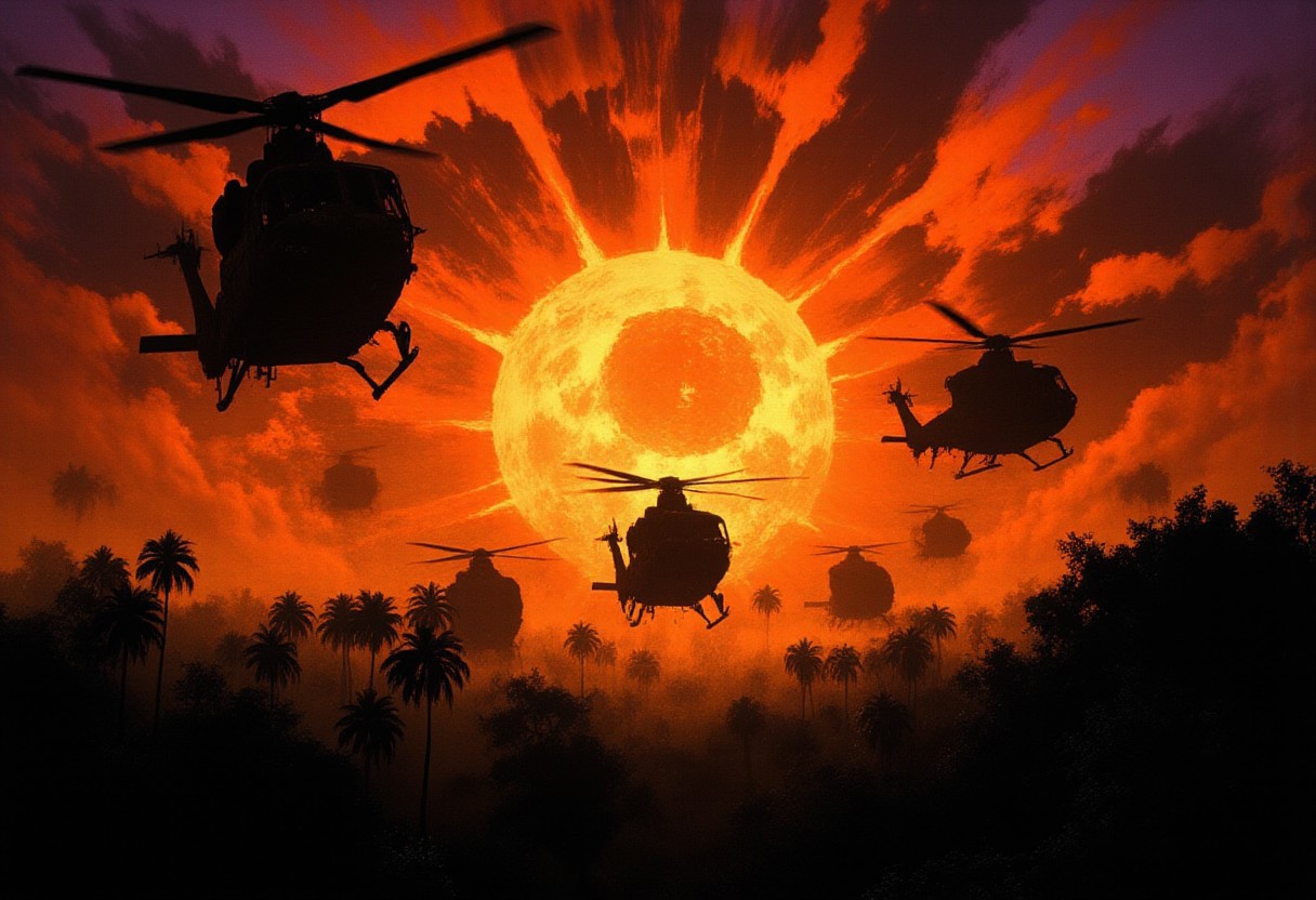 A surreal and eerie atmosphere engulfs the scene as numerous military helicopters hover like ghostly sentinels against a violently burning sunset. Their dark, silhouetted forms drift through the sky at unsettling angles, their rotor blades frozen in time, as if trapped in an endless moment of tension. Some appear impossibly still, while others seem to distort, their outlines flickering like echoes from another reality.
The sky is a fractured dreamscape—molten orange and blood-red hues bleed into deep purples and sickly yellows, casting unnatural glows that pulse and shimmer. The sun, an ominous burning eye, radiates an overwhelming intensity, its light distorted by the thick, suffocating haze that smothers the landscape. The air feels heavy, charged with an almost supernatural presence.
Below, the jungle looms in eerie silence, its palm trees and dense foliage barely visible through the creeping smoke that clings to the earth like ghostly tendrils. Strange, elongated shadows stretch unnaturally across the treetops, distorting reality itself. Faint, flickering light particles drift through the air, resembling lost souls ascending through the mist.
There is an overwhelming sense of something unseen watching, a presence lurking beneath the roar of distant rotor blades—an unsettling, dreamlike tension between reality and nightmare.best quality, masterpiece, award-winning illustration, detailed, color contrast, accurate, aesthetic, breathtaking, impressive