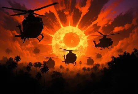 A surreal and eerie atmosphere engulfs the scene as numerous military helicopters hover like ghostly sentinels against a violently burning sunset. Their dark, silhouetted forms drift through the sky at unsettling angles, their rotor blades frozen in time, as if trapped in an endless moment of tension. Some appear impossibly still, while others seem to distort, their outlines flickering like echoes from another reality.
The sky is a fractured dreamscape—molten orange and blood-red hues bleed into deep purples and sickly yellows, casting unnatural glows that pulse and shimmer. The sun, an ominous burning eye, radiates an overwhelming intensity, its light distorted by the thick, suffocating haze that smothers the landscape. The air feels heavy, charged with an almost supernatural presence.
Below, the jungle looms in eerie silence, its palm trees and dense foliage barely visible through the creeping smoke that clings to the earth like ghostly tendrils. Strange, elongated shadows stretch unnaturally across the treetops, distorting reality itself. Faint, flickering light particles drift through the air, resembling lost souls ascending through the mist.
There is an overwhelming sense of something unseen watching, a presence lurking beneath the roar of distant rotor blades—an unsettling, dreamlike tension between reality and nightmare.best quality, masterpiece, award-winning illustration, detailed, color contrast, accurate, aesthetic, breathtaking, impressive