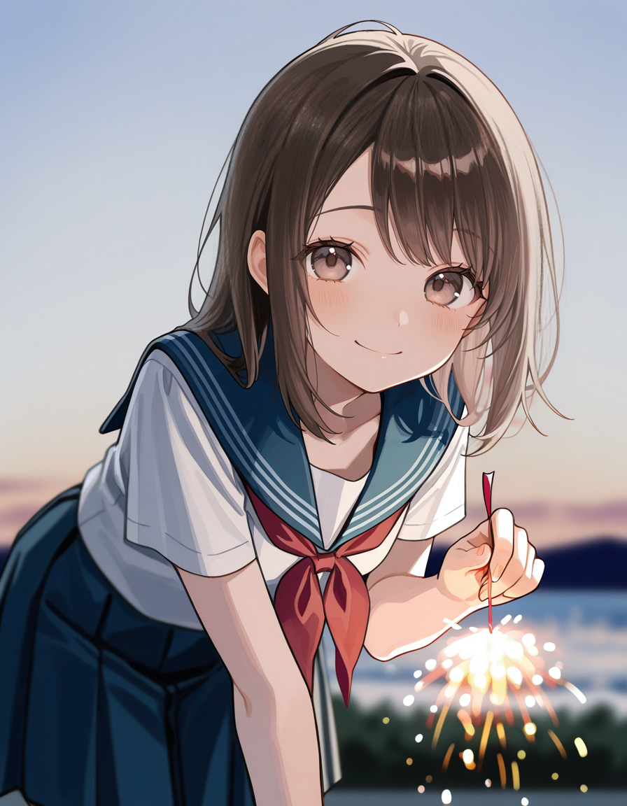 score_7_up, anime BREAK official art, solo, 1girl, one girl, 
<lora:temochihanabi:1>, temochihanabi, 
sparkler, 1girl, fireworks, solo, smile, blurry background, outdoors, looking at viewer, sky, leaning forward, depth of field, 
(masterpiece:1.3), best quality, high resolution, unity 8k wallpaper, extremely detailed CG, 8K, (watercolor \(medium\), muted color, sketch:1.1), perfect anatomy, highly finished, masterpiece, best quality, high quality, amazing quality, great quality, very aesthetic, ultra detailed, highres, absurdres, highly detailed, highly detailed background,