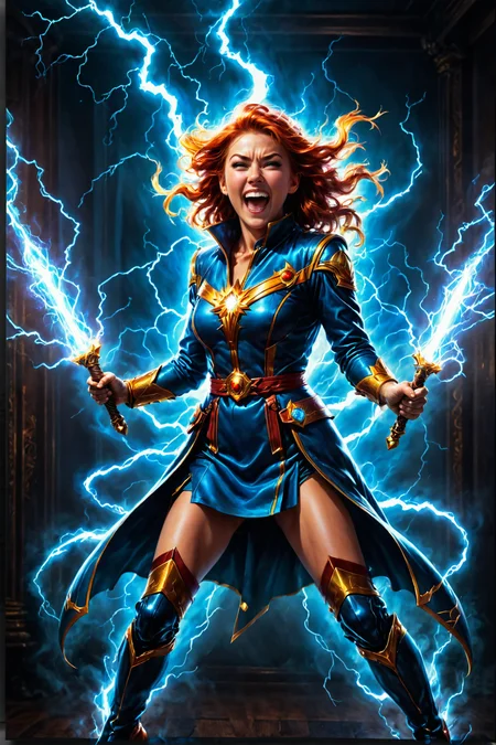 by Joseph Stella and Olivier Valsecchi and Delphin Enjolras, cute fit heroine holding two lightning rods, casting a lightning spell, being struck by lightning, digital oil pastel on canvas, symmetrical, full body length, extremely detailed, vibrant dream, happy maniacal laughter, in the style of Glen Keane and David Yarrow , cinematic lighting, movie still <lora:juggernaut_cinematic:1.00> <lora:maniacal_laughter:2.25> <lora:oil_pastel:1.00> <lora:faetastic:0.25> <lora:extremely_detailed:2.15> <lora:vibrant_dream:2.85> <lora:happy_v2:0.35> <lora:add_detail:0.25> <lora:eye_catching:1.75> <lora:dual_pistols:0.15> <lora:more_art:0.30> <lora:midjourney:-0.145> <lora:RMSDXL_Enhance:0.50> <lora:RMSDXL_Creative:0.50> <lora:RMSDXL_Photo:0.50> <lora:RMSDXL_Darkness_Cinema:0.50> <lora:clothing_slider:6.00> <lora:great_lighting:1.50> <lora:aesthetic:1.50> <lora:photorealistic_portrait:1.50> <lora:extremely_detailed:1.50> <lora:dpo:0.25>