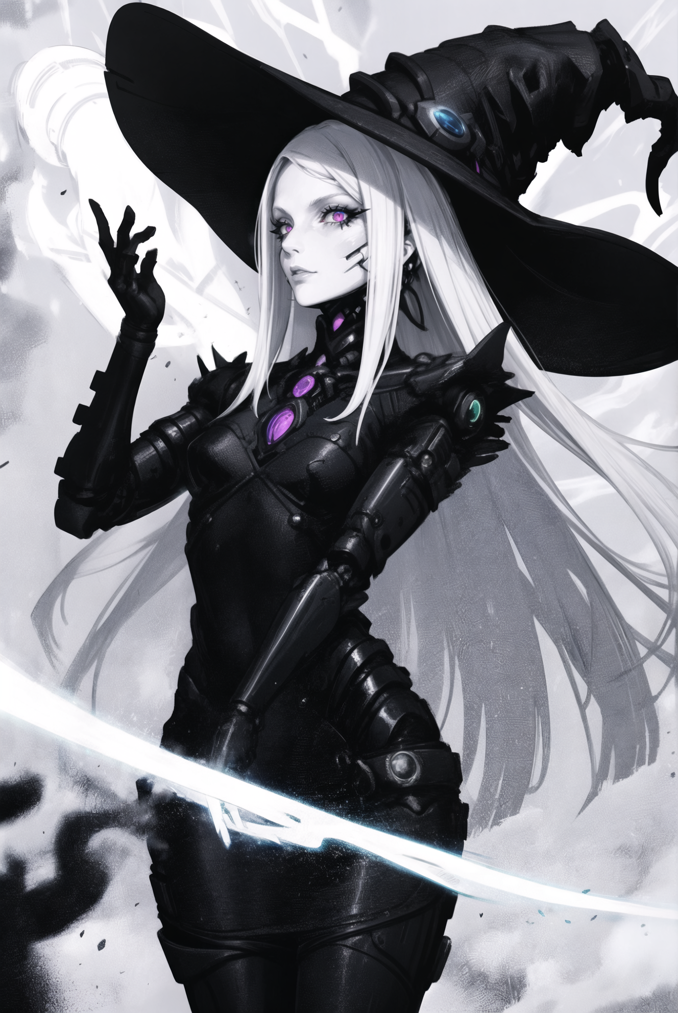 bodycon slip dress, beautiful cyborg witch, (mature female:1.4), flowing long hair, casting a magic spell, swirling magic energy, highly detailed, colorful witch hat, perfect face, detailed colorful eyes, intricate, elegant <lora:Blame!:1>