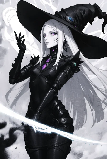 bodycon slip dress, beautiful cyborg witch, (mature female:1.4), flowing long hair, casting a magic spell, swirling magic energy, highly detailed, colorful witch hat, perfect face, detailed colorful eyes, intricate, elegant <lora:Blame!:1>