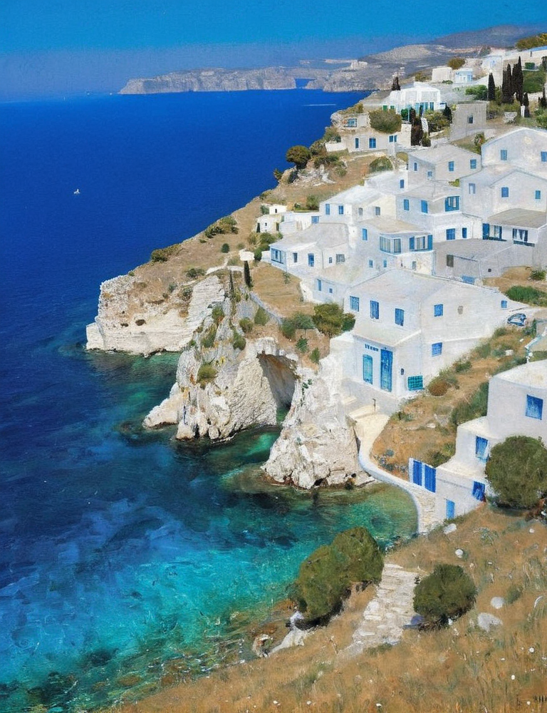 the greek coastline, cliffs lined with white houses, crystal clear blue sea <lora:Gustav_Klimt_XL_kk:1> klimt