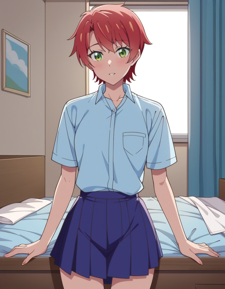 score_9, score_8_up, score_7_up, source_anime, uncensored, <lora:StS_detail_slider_v1:3>, zPDXLxxx, <lora:Mei_Hamano_PONYXL_VexVexX:1>, MeiHamano, 1girl, green eyes, red hair, short hair, bangs, medium-small breasts, school uniform, blue skirt, blue shirt, collared shirt, cowboy shot, bedroom, from front, Laying on the back with legs bent and feet flat on the ground, arms stretched out to the sides or resting on the stomach, thighs, looking at viewer