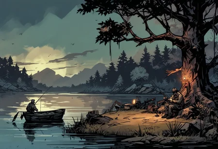 Man fishing by lake, comicish artwork in dgst artstyle,