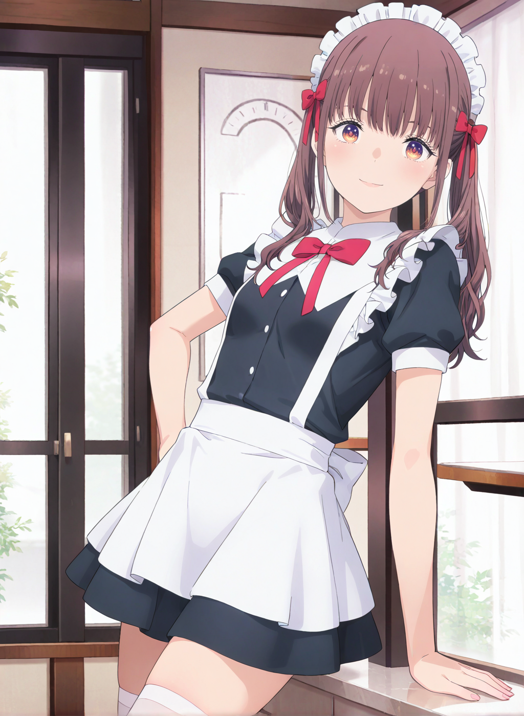 High quality,Ultra detailed,best quality,insanely detailed,beautiful,masterpiece,absurdres,very aesthetic,sensitive BREAK
1girl,solo,<lora:yokota_aya_V1_IL:1>,(yokota_aya, brown eyes, brown hair, long hair, twintails, hair bow, bangs,  small breasts),(maid,maid_headdress,maid_apron,thighhighs,short sleeves,red bow),oshi ga budoukan itte kuretara shinu,looking_at_viewer,posing,smile,indoors,day,