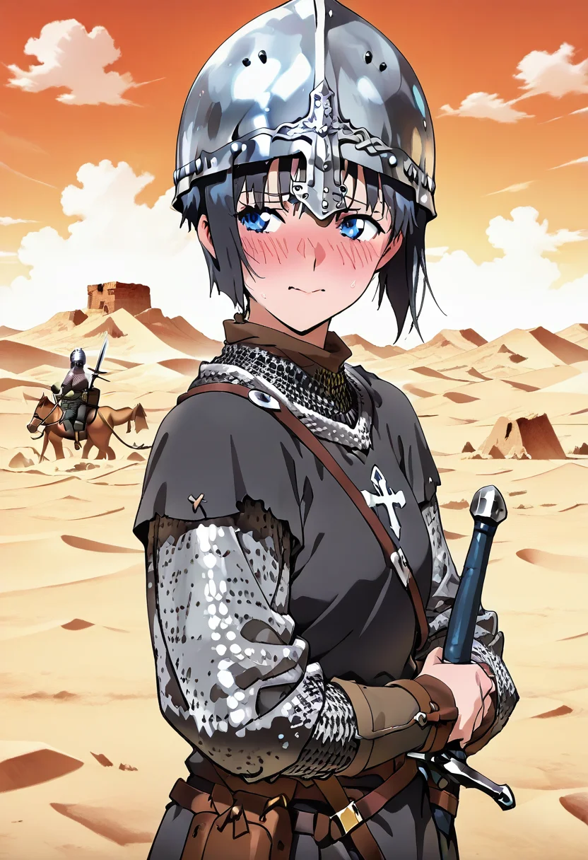 masterpiece, best quality, absurdres, detailed skin, detailed eyes, anime colored, anime screencap,
<lora:SaitoE:1>, SaitoE, black hair, looking at viewer, blush, embarrassed, averting eyes,
<lora:Norman_helmet-000007:1>, chainmail, sword, sheathed, helmet, Normanhelmet,
desert,