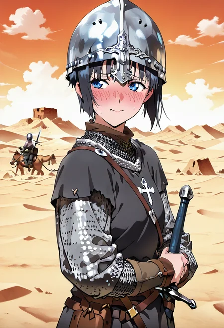 masterpiece, best quality, absurdres, detailed skin, detailed eyes, anime colored, anime screencap,
<lora:SaitoE:1>, SaitoE, black hair, looking at viewer, blush, embarrassed, averting eyes,
<lora:Norman_helmet-000007:1>, chainmail, sword, sheathed, helmet, Normanhelmet,
desert,