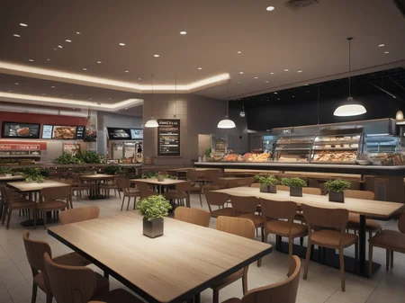<lora:JJsFood_Court_XL:1>, ((Food Court)), masterpiece , best quality, subject,  soft lighting, high quality, indoors, real world location, enough detail, high resolution, 8k, HD, super realistic, Photorealistic, highly detailed, table, chair, ceiling light,